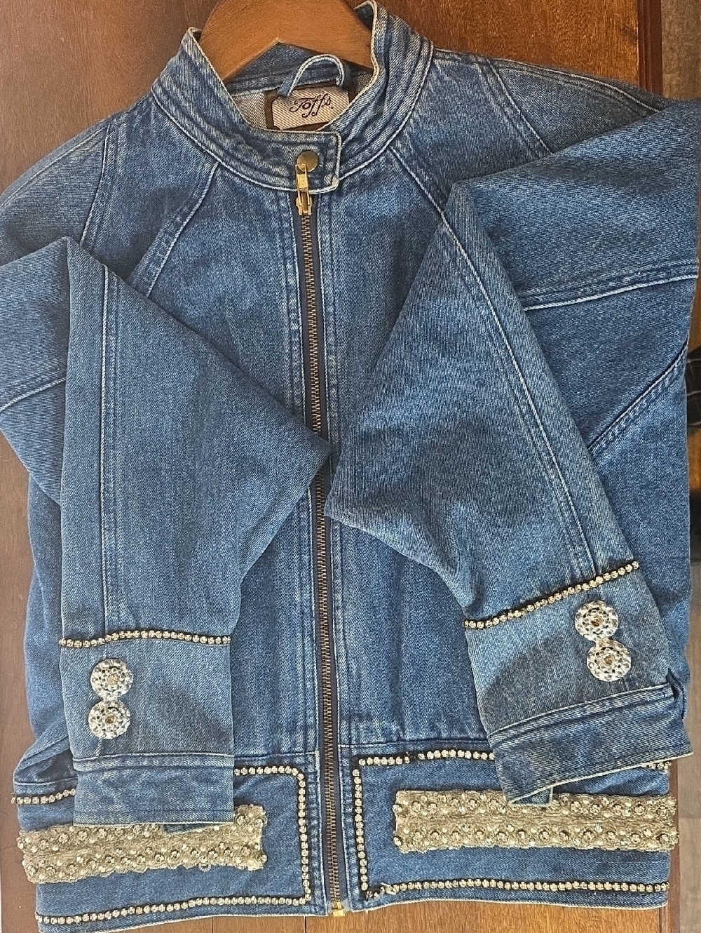 Vintage 70's TOFF'S Embellished Blue Denim Jacket with Rhinestone Trim